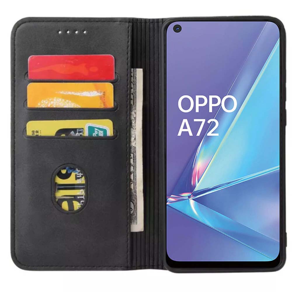 Oppo A72 kunstleren hoesje met magnetische sluiting en pashouders book case - zwart