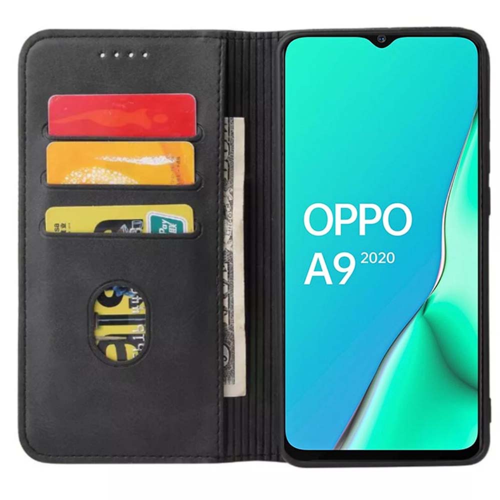 Oppo A9 2020 kunstleren hoesje met magnetische sluiting en pashouders book case - zwart