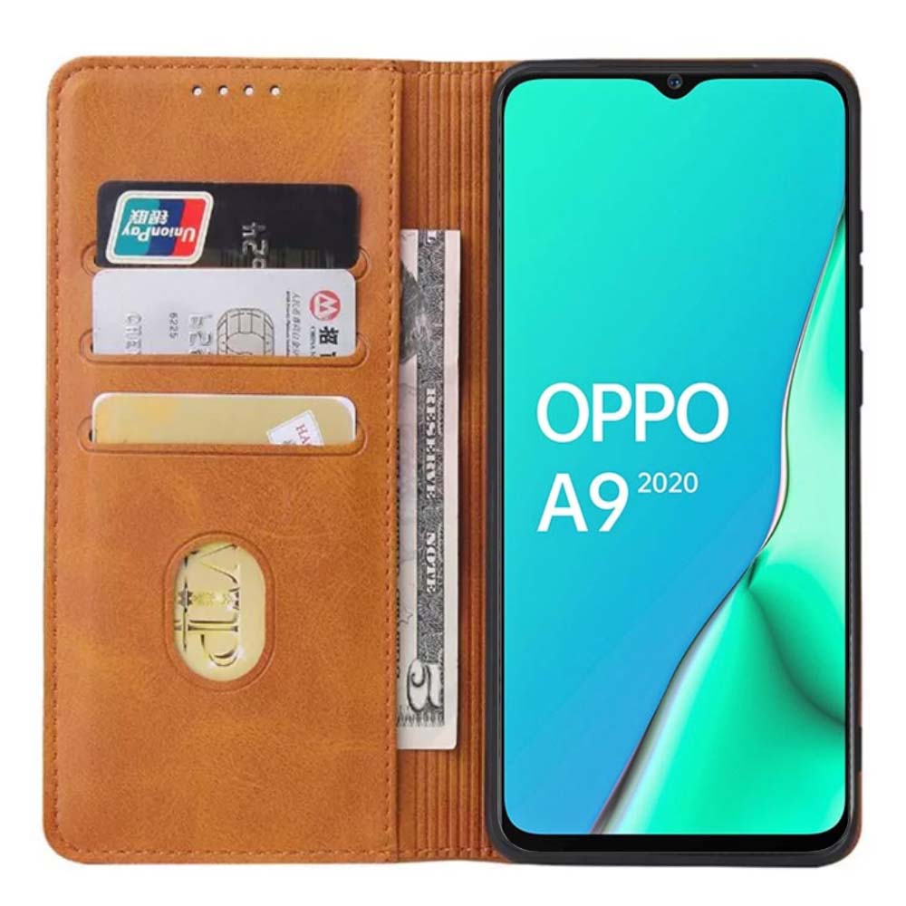 Oppo A9 2020 leren hoesje met magnetische sluiting en pashouders book case – Bruin