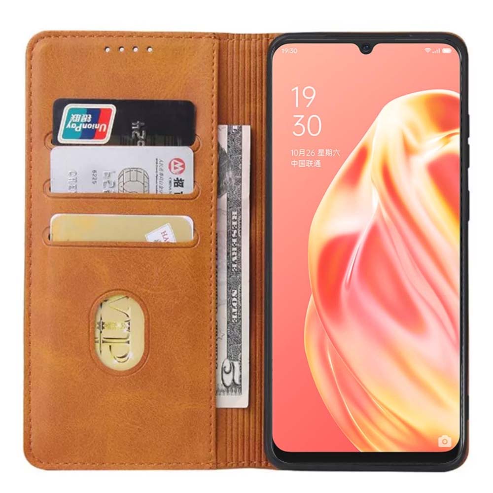 Oppo A91 leren hoesje met magnetische sluiting en pashouders book case – Bruin