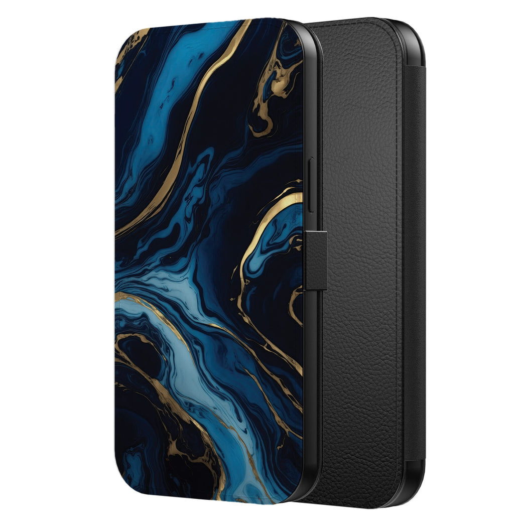 Telefoonhoesje Geschikt voor
iPhone 11 Pro Max Kunstleren Bookcase Hoesje met Magnetisch Lipje en
Pasjeshouder met Goud Blauw Marmer Opdruk