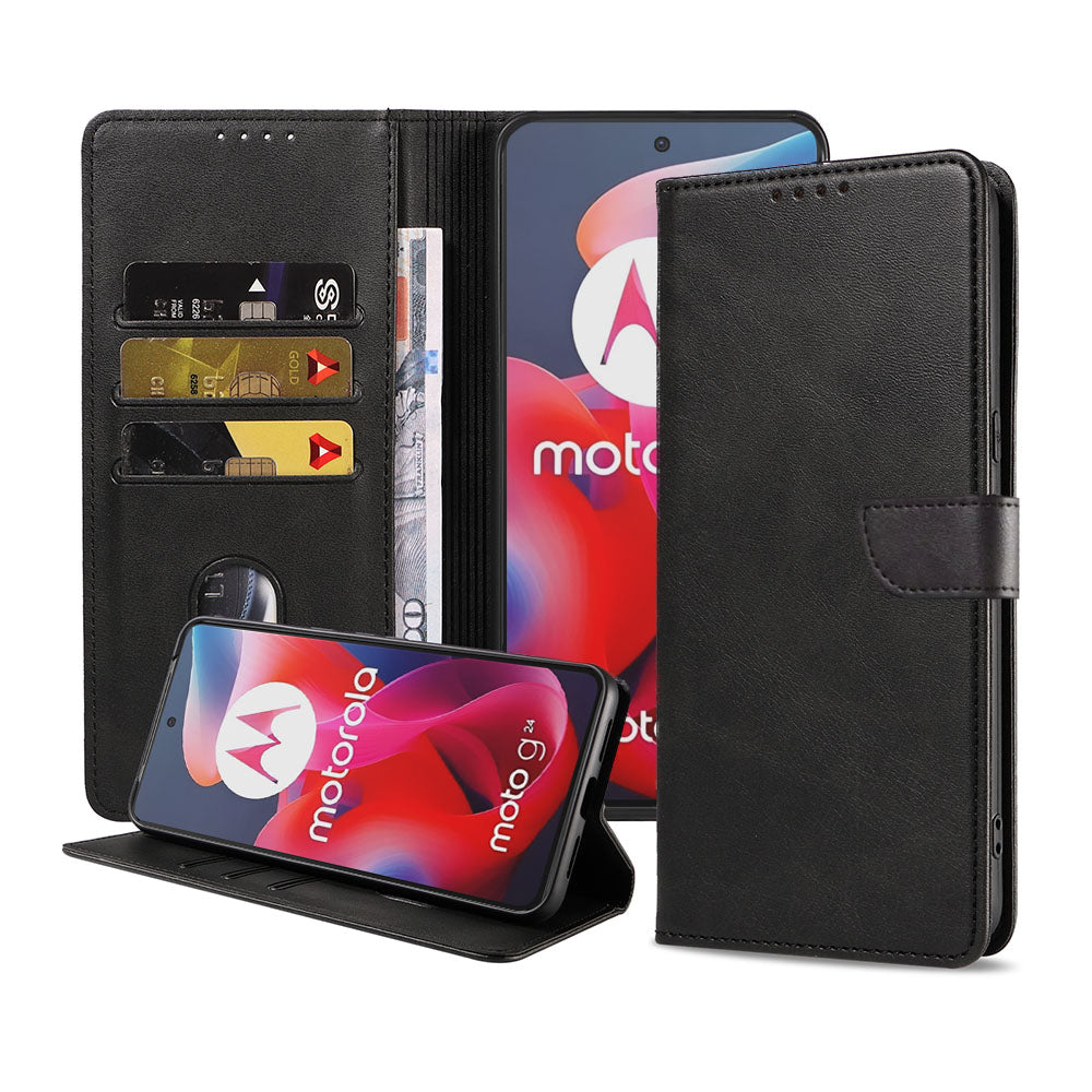 Geschikt voor Motorola Moto G24
Telefoonhoesje Kunstleer met Magnetisch lipje en Pasjeshouder Book Case met
Klepje - Walletcase with Cardslot - Zwart - Smartphonica