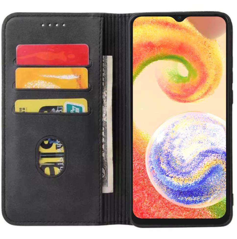 Samsung Galaxy A04 kunstleren hoesje met
magnetische sluiting en pashouders book case - Zwart