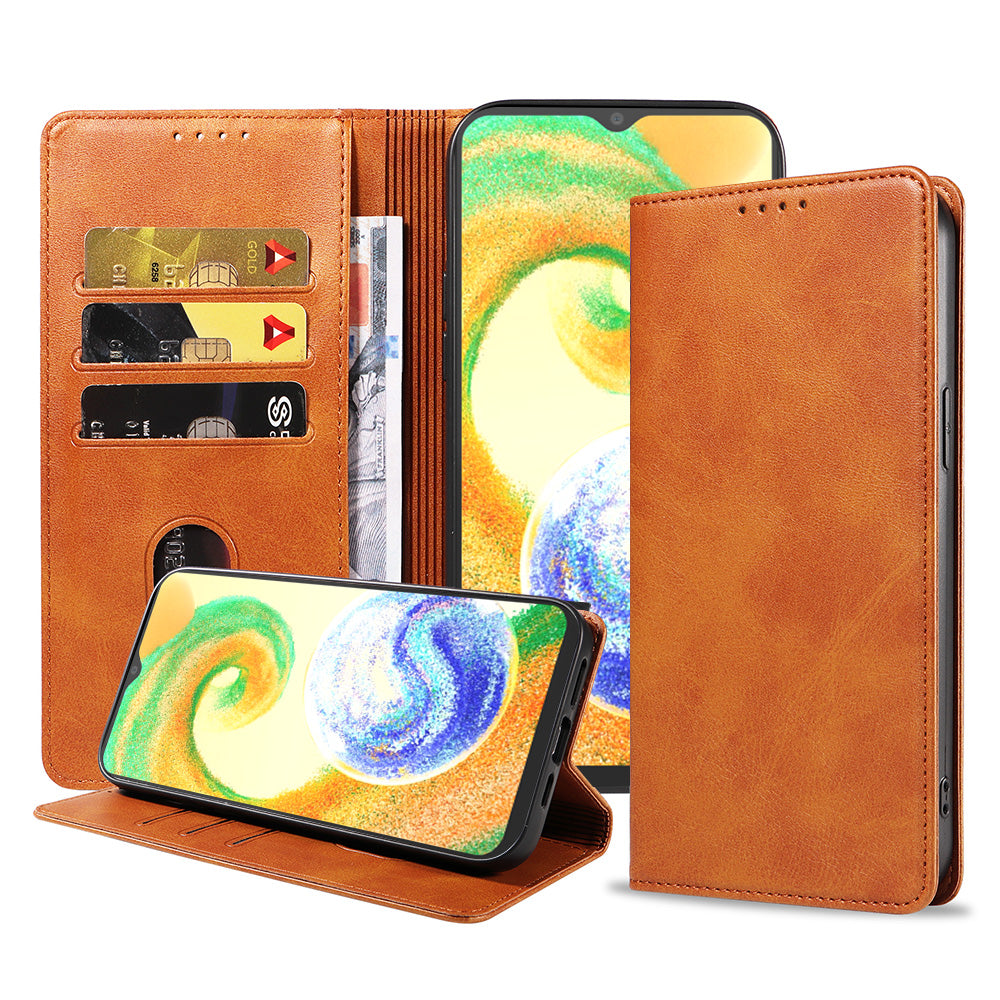 Samsung Galaxy A04s kunstleren hoesje met magnetische sluiting en pashouders book case - Bruin