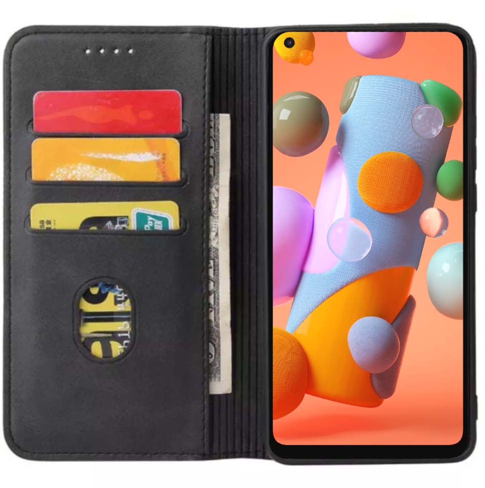 Samsung Galaxy A11 kunstleren hoesje met
magnetische sluiting en pashouders book case - Zwart