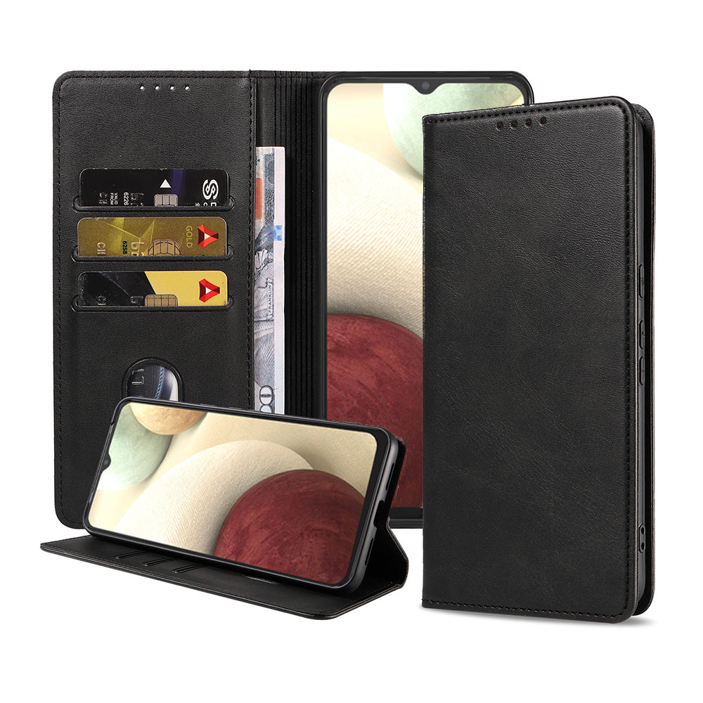 Samsung Galaxy A12 kunstleren hoesje met magnetische sluiting en pashouders book case - zwart
