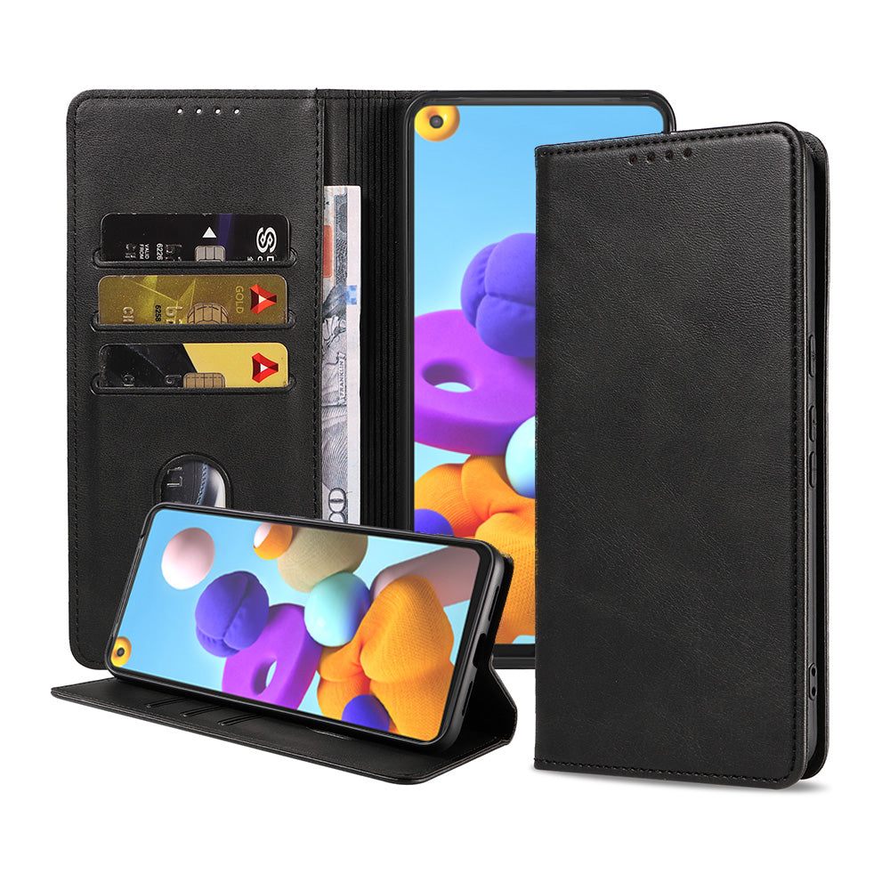 Samsung Galaxy A21s kunstleren hoesje met
magnetische sluiting en pashouders book case - zwart
