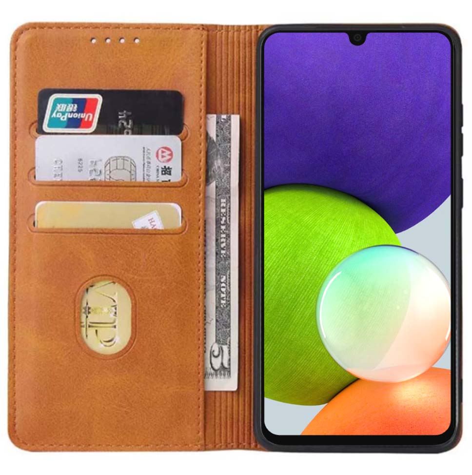 Samsung Galaxy A22 4G kunstleren hoesje
met magnetische sluiting en pashouders book case - Bruin