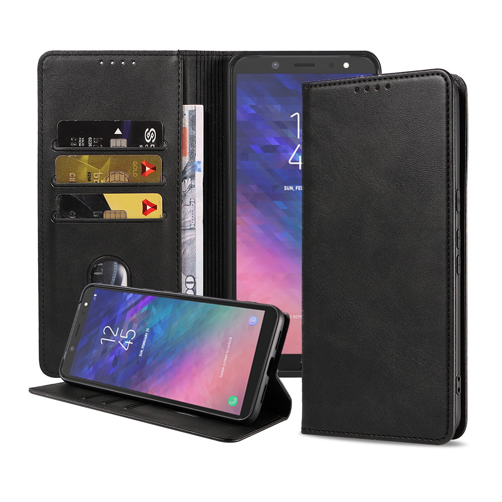 Samsung Galaxy A6 2018 kunstleren hoesje met magnetische sluiting en pashouders book case - zwart