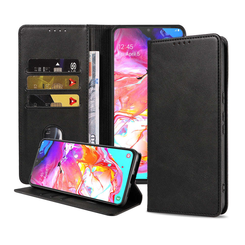 Samsung Galaxy A70s kunstleren hoesje met magnetische sluiting en pashouders book case - zwart