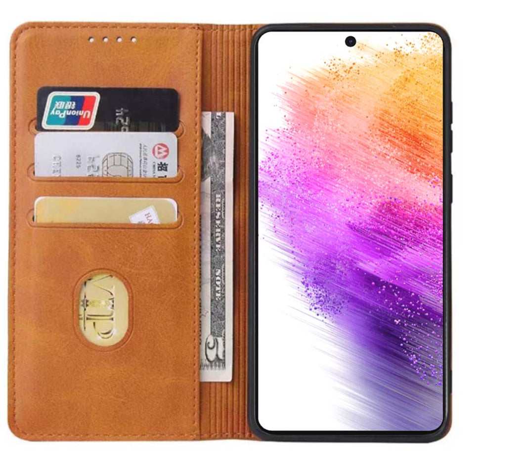 Samsung Galaxy A73 5G kunstleren hoesje met
magnetische sluiting en pashouders book case - Bruin
