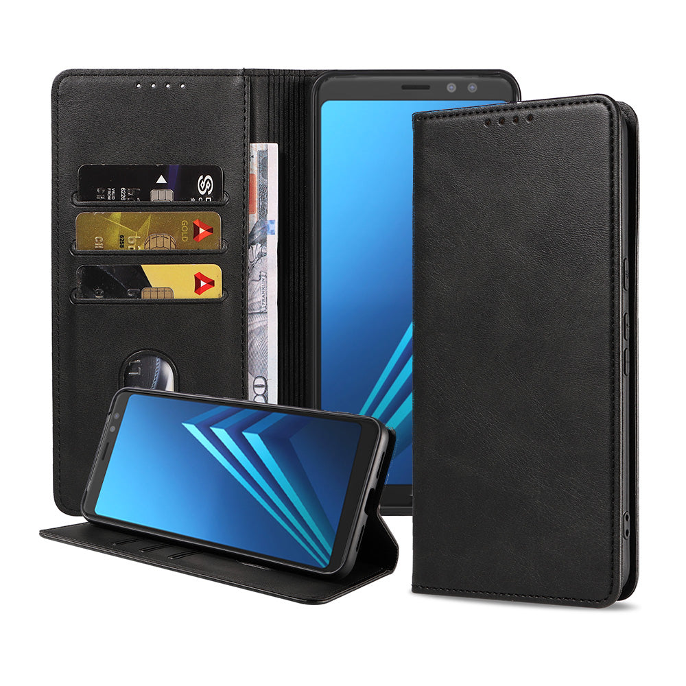 Samsung Galaxy A8 2018 kunstleren hoesje met magnetische sluiting en pashouders book case - zwart