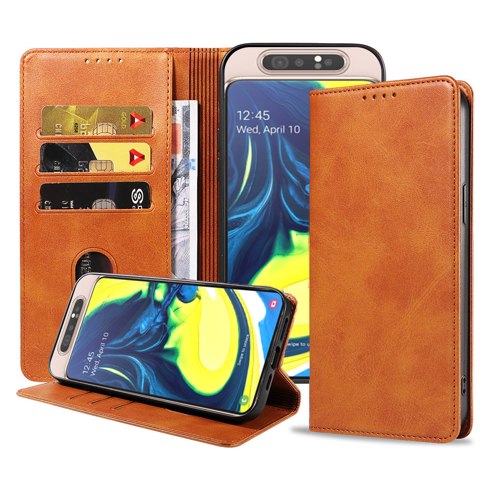 Samsung Galaxy A80 leren hoesje met
magnetische sluiting en pashouders – Bruin