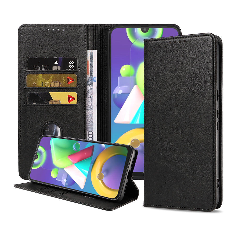 Samsung Galaxy M21 kunstleren hoesje met
magnetische sluiting en pashouders book case - zwart