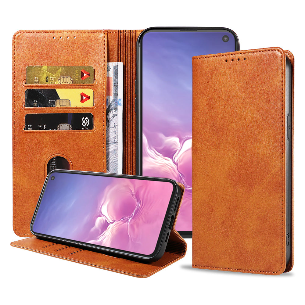 Samsung Galaxy S10E leren
hoesje met magnetische sluiting en pashouders book case – Bruin