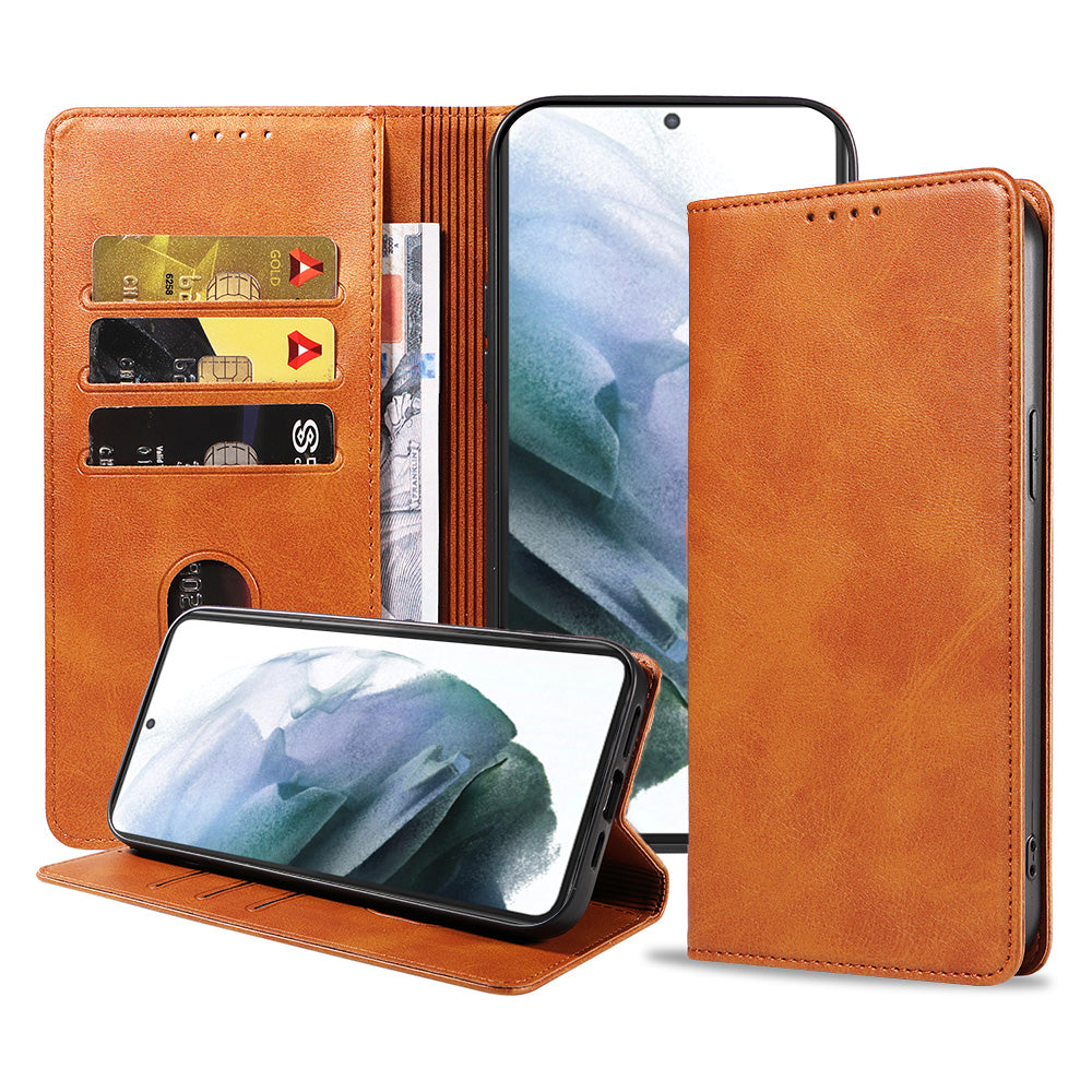 Samsung Galaxy S21 Plus leren
hoesje met magnetische sluiting en pashouders book case – Bruin