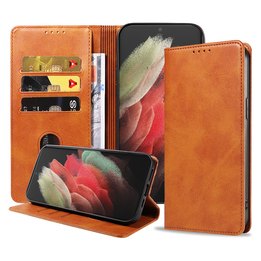 Samsung Galaxy S21 Ultra leren hoesje met magnetische sluiting en pashouders book case – Bruin