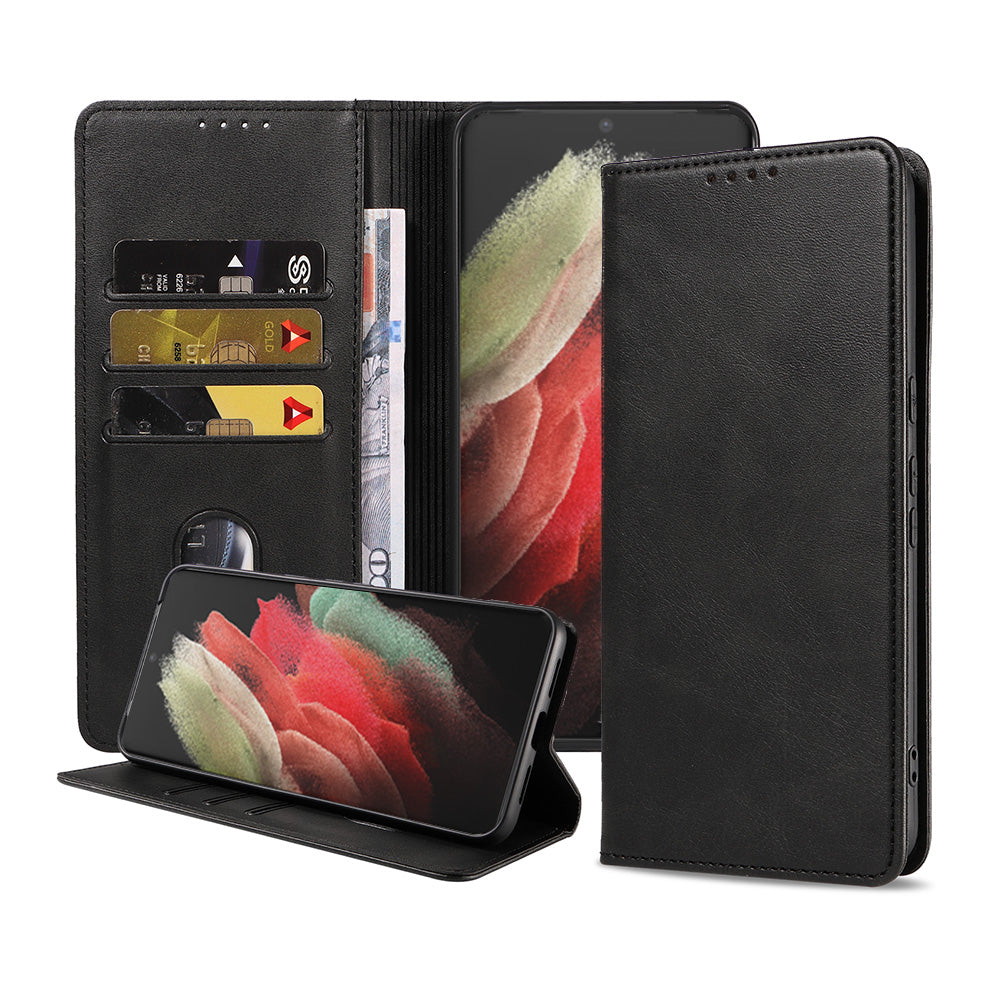 Samsung Galaxy S21 Ultra kunstleren hoesje met magnetische sluiting en pashouders book case - zwart