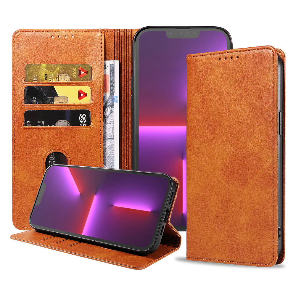 iPhone 13 Pro kunstleren hoesje met
magnetische sluiting en pashouders book case - Bruin