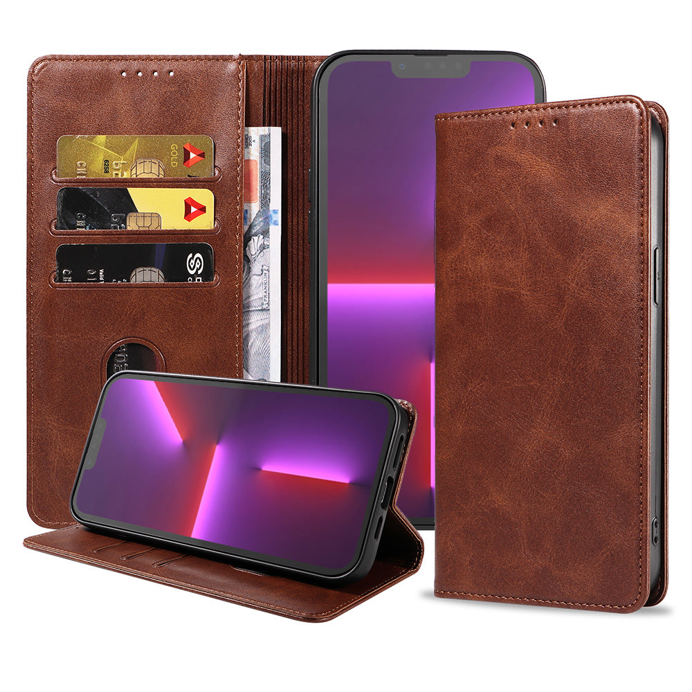 iPhone 13 Pro kunstleren hoesje met
magnetische sluiting en pashouders book case - Donkerbruin