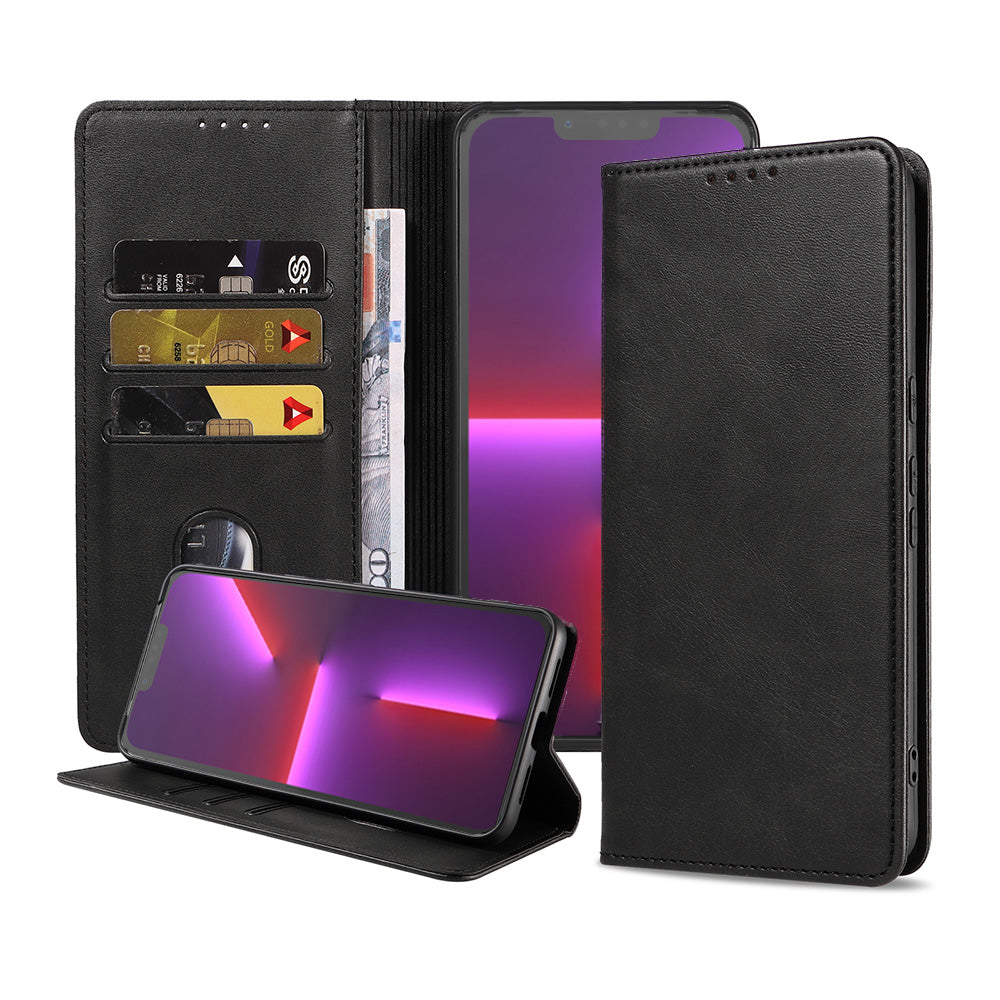 iPhone 13 Pro kunstleren hoesje met
magnetische sluiting en pashouders book case - Zwart