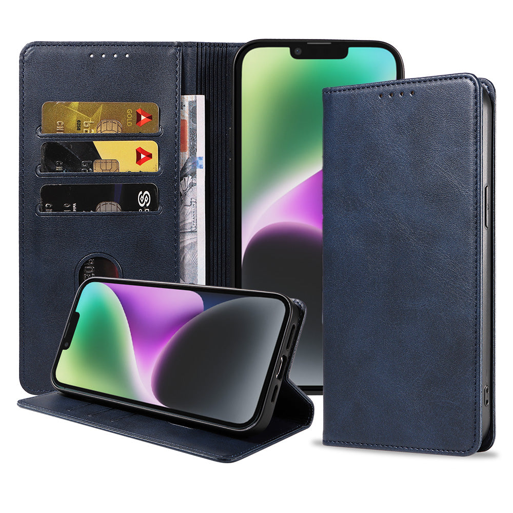 iPhone 14 Plus kunstleren hoesje met
magnetische sluiting en pashouders book case - Blauw