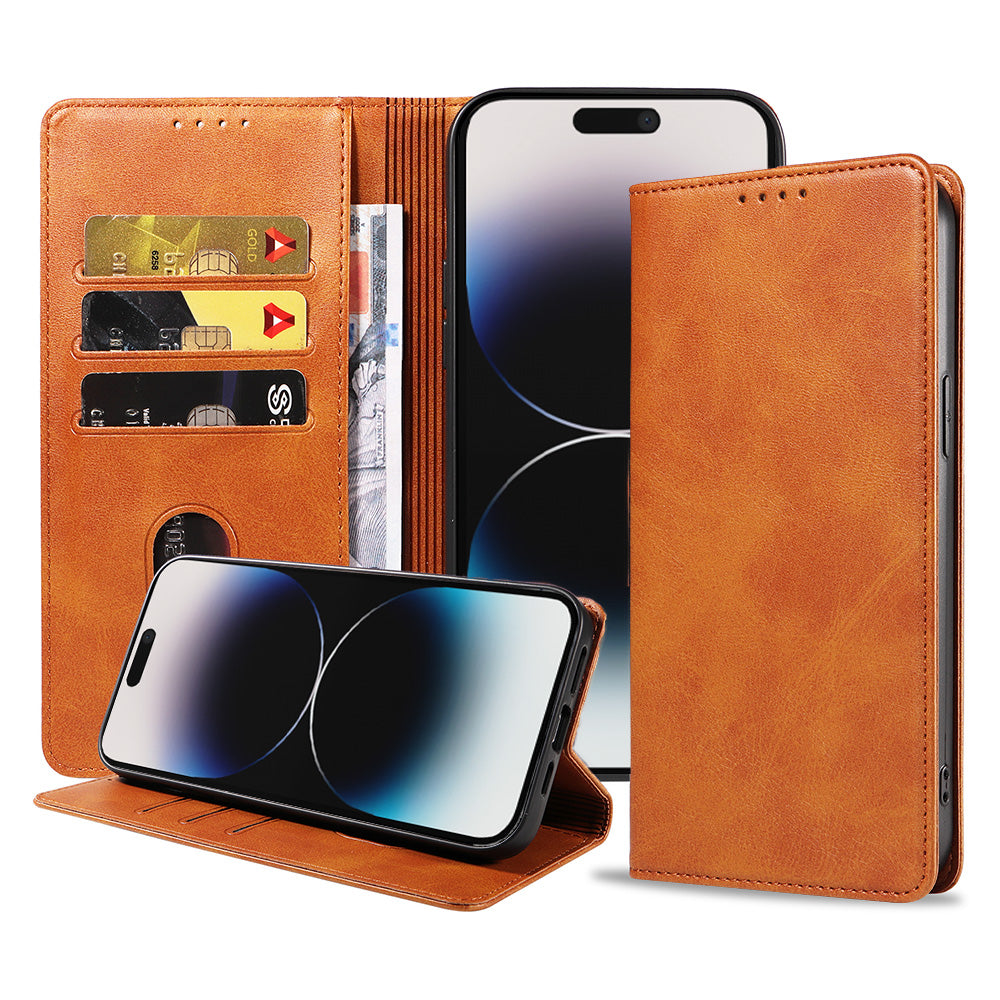 iPhone 14 Pro Max kunstleren hoesje met
magnetische sluiting en pashouders book case - Bruin