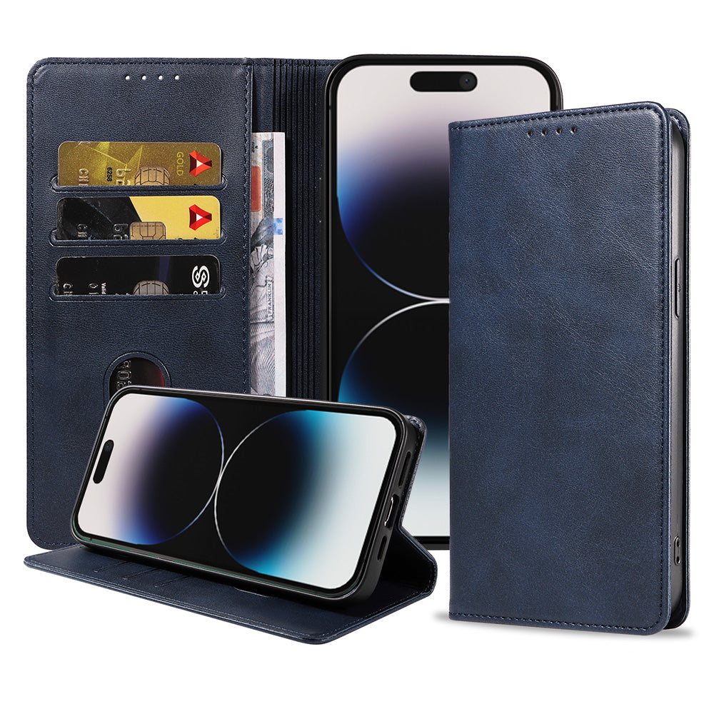 iPhone 14 Pro kunstleren hoesje met
magnetische sluiting en pashouders book case - Blauw