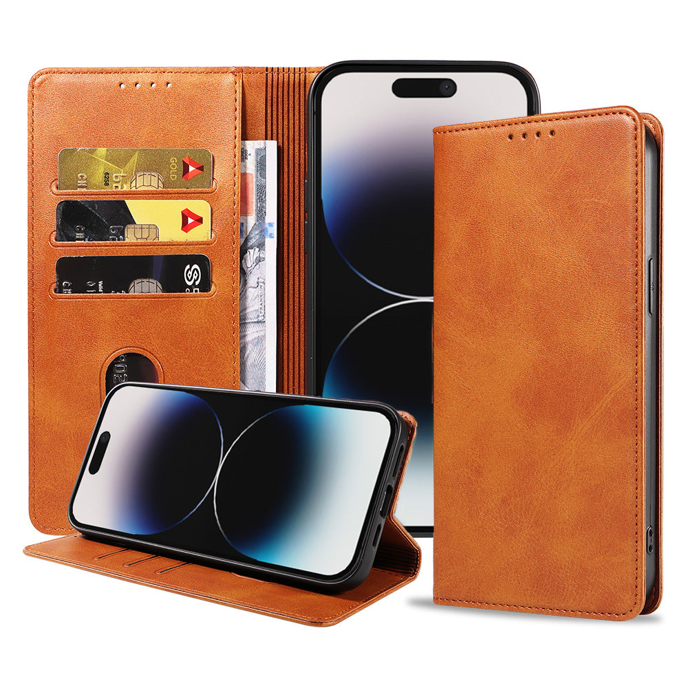 iPhone 14 Pro kunstleren hoesje met
magnetische sluiting en pashouders book case - Bruin
