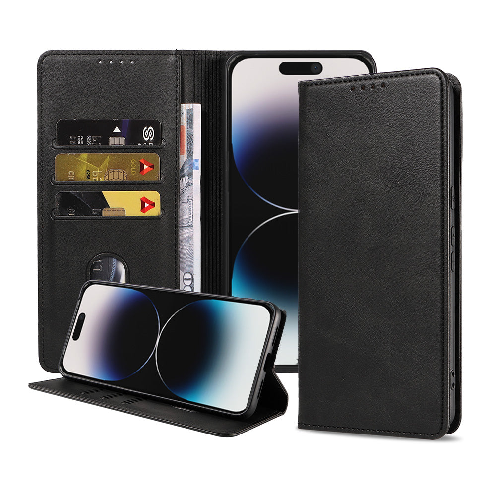 iPhone 14 Pro kunstleren hoesje met
magnetische sluiting en pashouders book case - Zwart