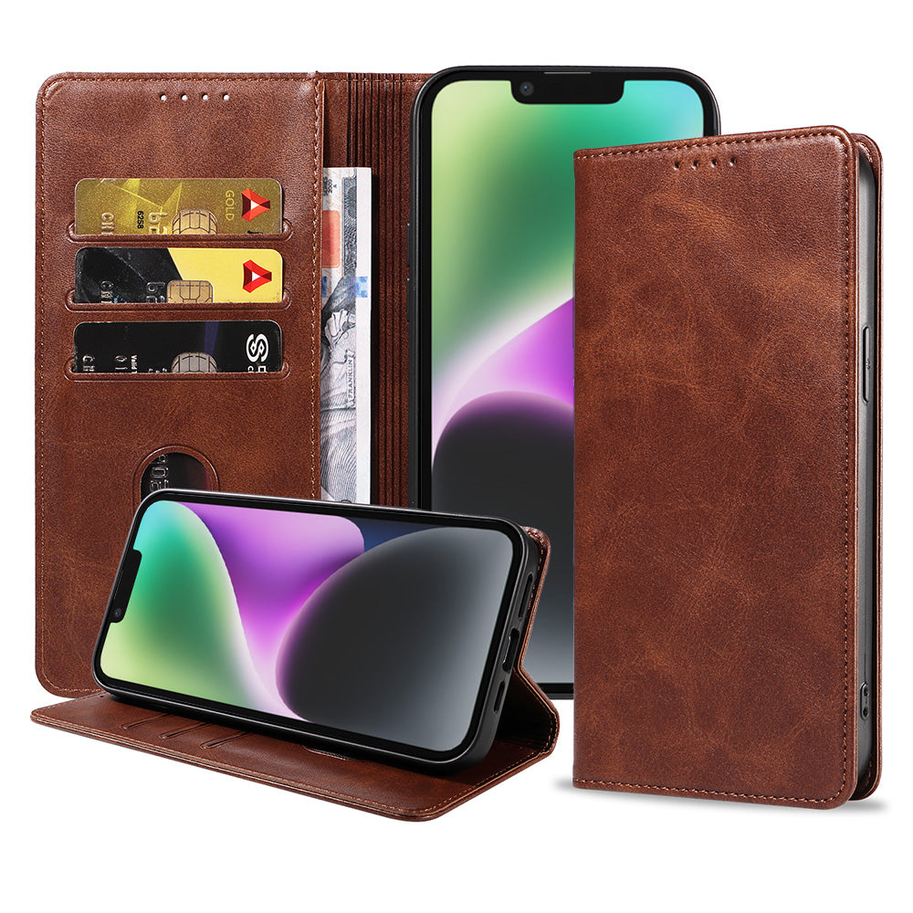 iPhone 14 kunstleren hoesje met
magnetische sluiting en pashouders book case - Donkerbruin