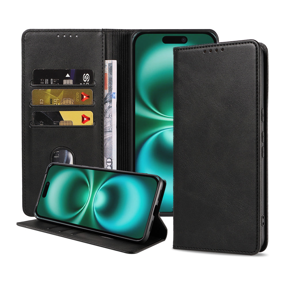 Telefoonhoesje geschikt voor iPhone 16
Plus kunstleren Hoesje met Magnetische sluiting en Pasjeshouders Book Case
met Klepje - Zwart