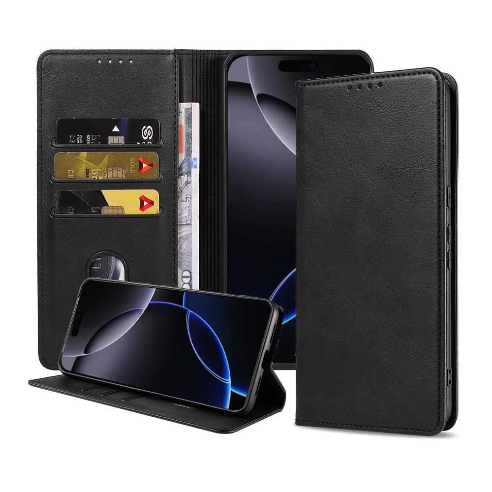 Telefoonhoesje geschikt voor iPhone 16
Pro Max kunstleren Hoesje met Magnetische sluiting en Pasjeshouders Book Case
met Klepje - Zwart