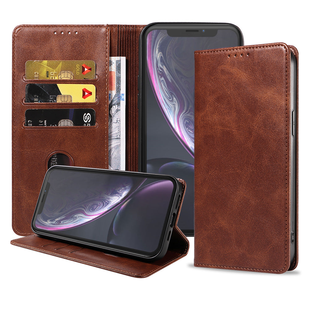 iPhone Xr leren hoesje met magnetische sluiting - Donkebruin