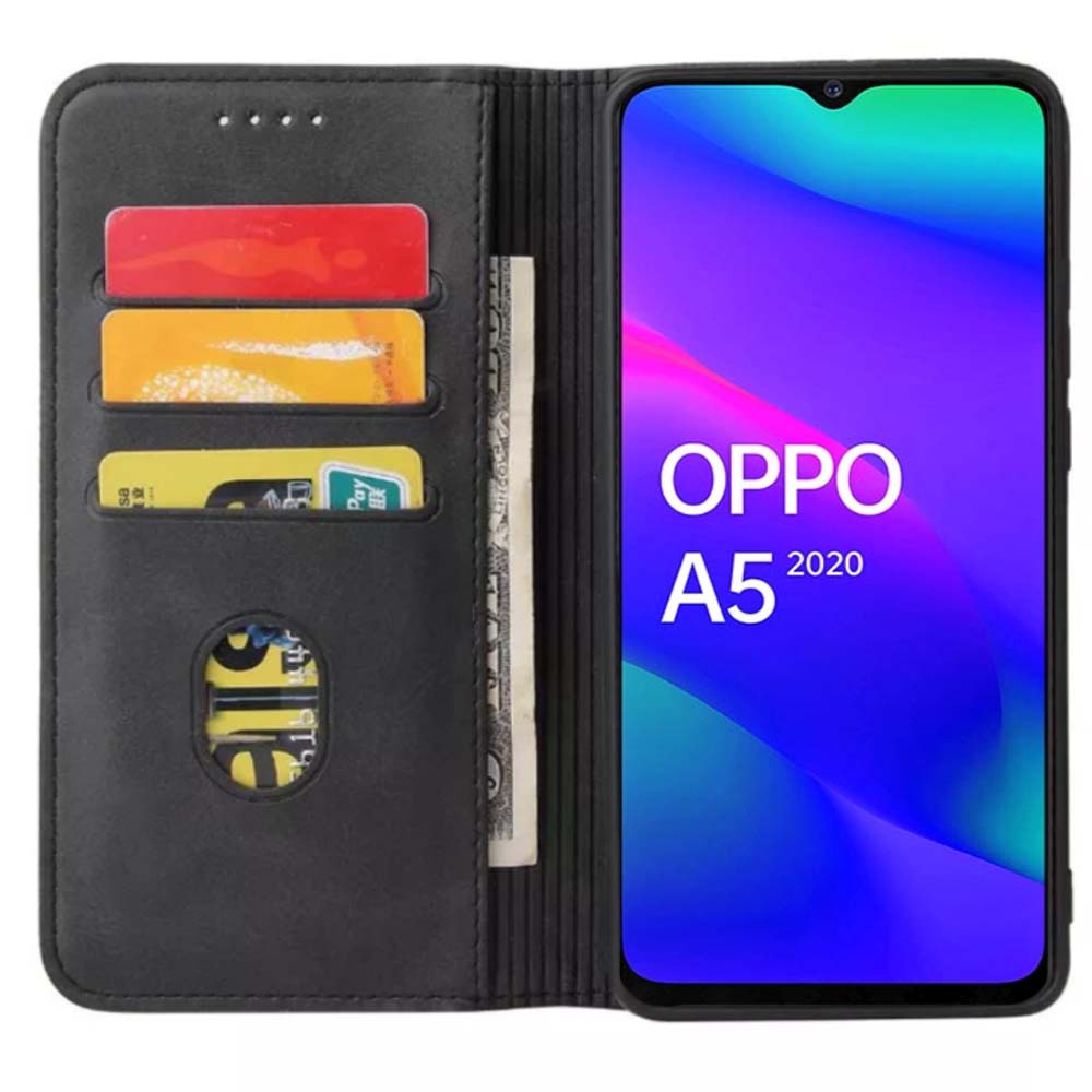 Oppo A5 2020 kunstleren hoesje met  magnetische sluiting en pashouders book case - zwart