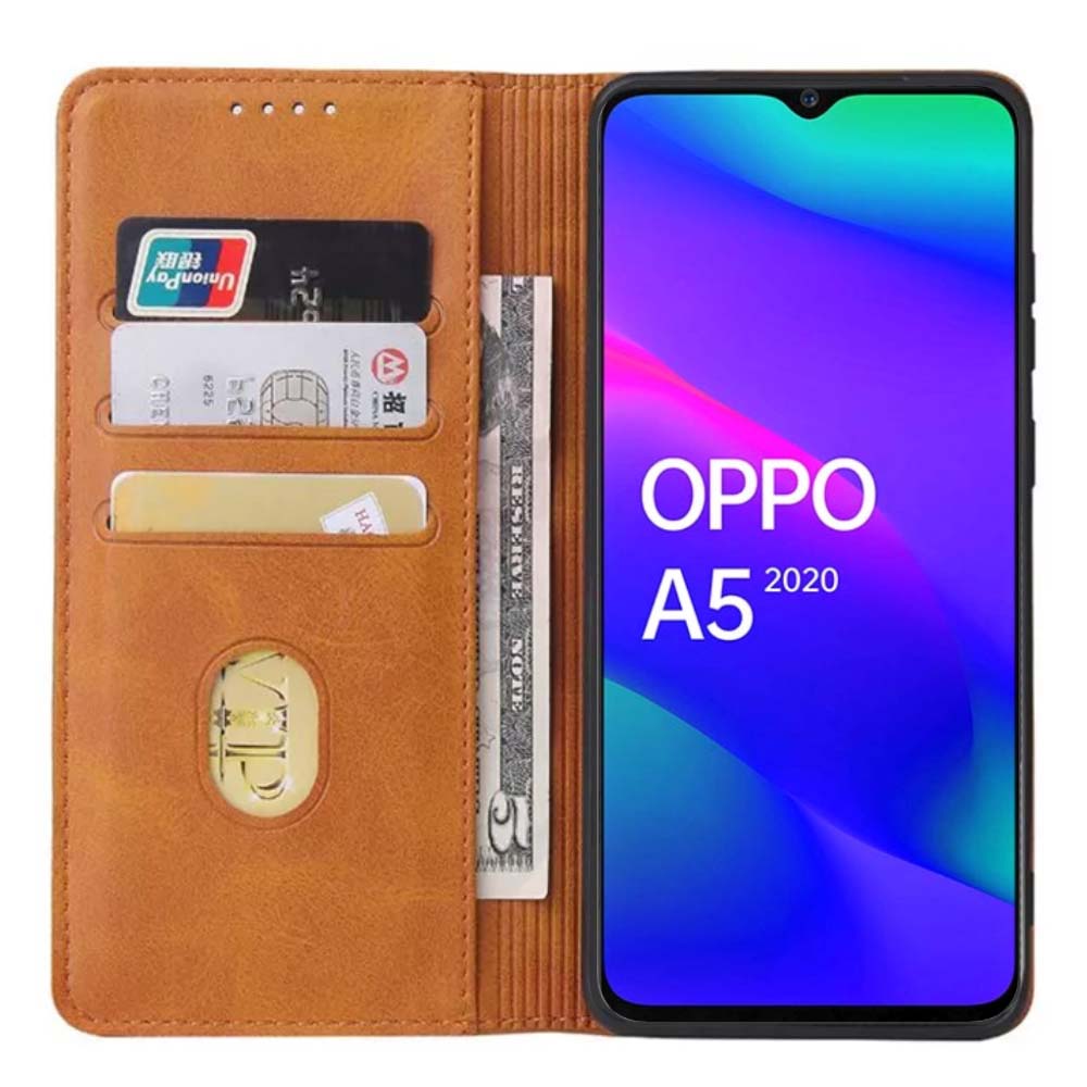 Oppo A5 2020 leren hoesje met  magnetische sluiting en pashouders book case – Bruin