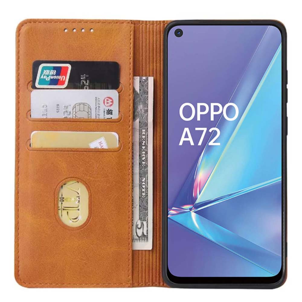 Oppo A72 leren hoesje met
  magnetische sluiting en pashouders book case – Bruin