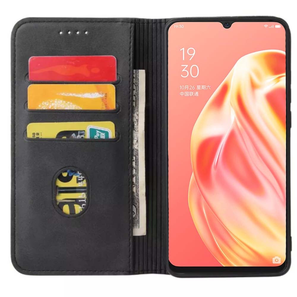 Oppo A91 kunstleren hoesje met  magnetische sluiting en pashouders book case - zwart