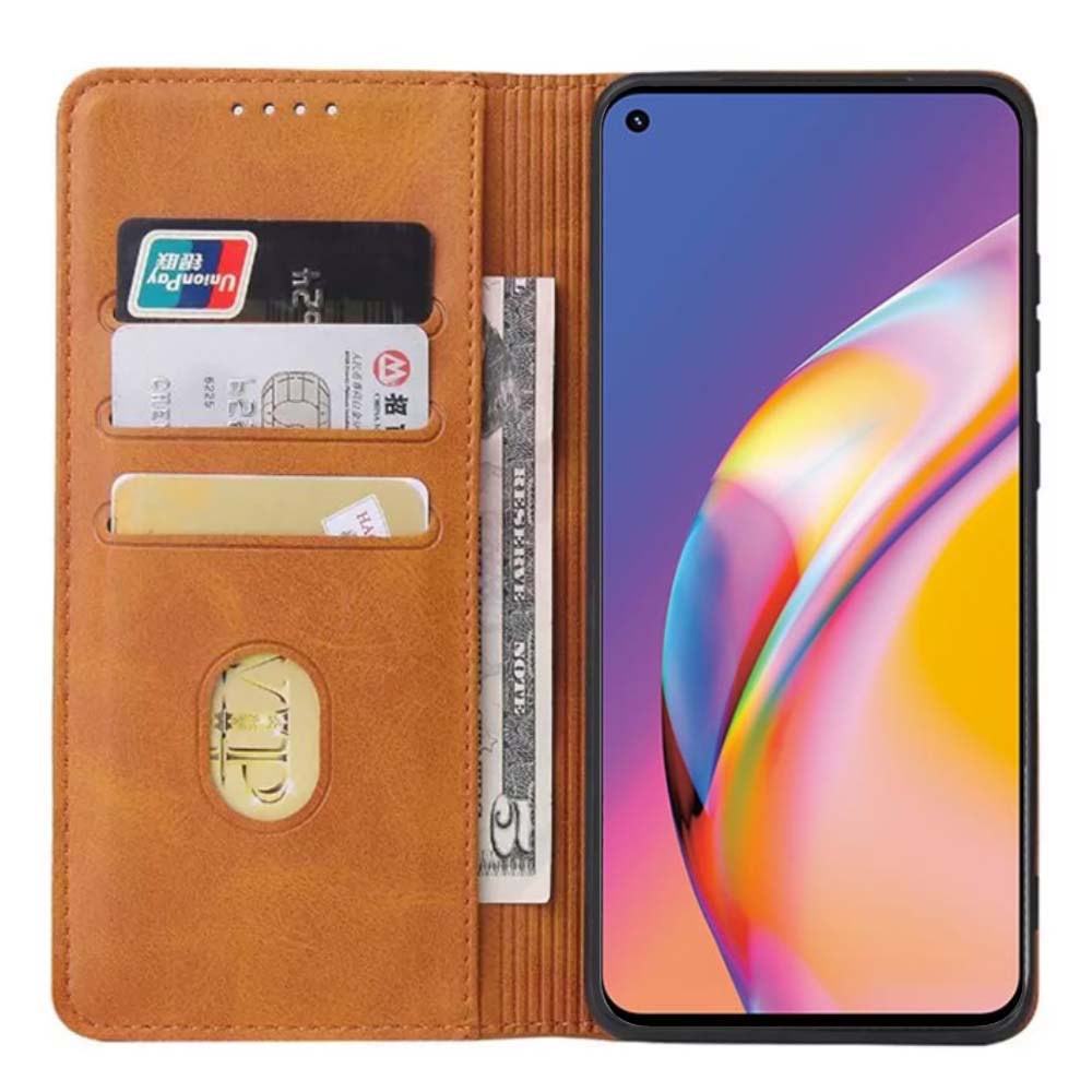 Oppo A94 leren hoesje met  magnetische sluiting en pashouders book case – Bruin