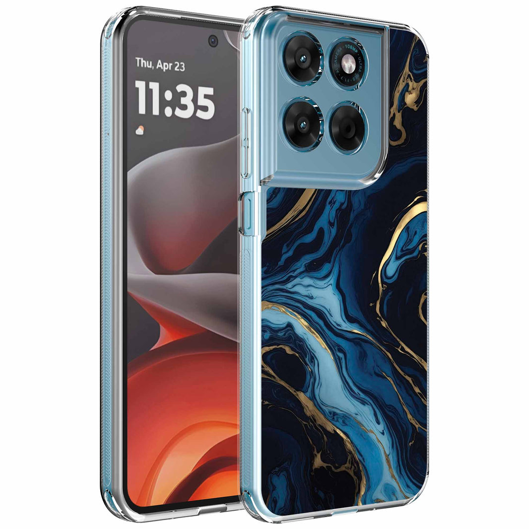 Geschikt voor Motorola Moto G15
  Telefoonhoesje met Goud Blauw Marmer opdruk - Draadloos op te laden -
  Shockproof Siliconen TPU Strong Case - Sterk Schokbestendig Telefoonhoesje