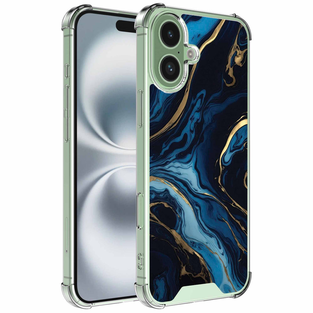 Geschikt voor iPhone 16 Plus
  Telefoonhoesje met Goud Blauw Marmer opdruk - Draadloos op te laden -
  Shockproof Siliconen TPU Strong Case - Sterk Schokbestendig Telefoonhoesje