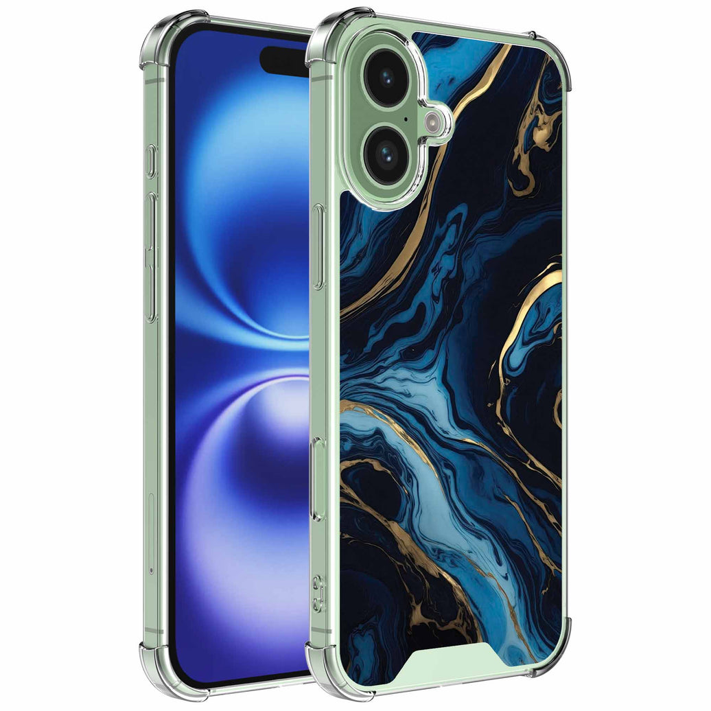Geschikt voor iPhone 16 Telefoonhoesje
  met Goud Blauw Marmer opdruk - Draadloos op te laden - Shockproof Siliconen
  TPU Strong Case - Sterk Schokbestendig Telefoonhoesje