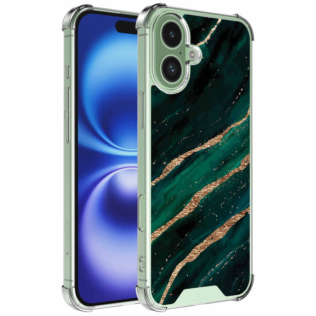 Geschikt voor iPhone 16 Telefoonhoesje
  met Goud Groen Marmer opdruk - Draadloos op te laden - Shockproof Siliconen
  TPU Strong Case - Sterk Schokbestendig Telefoonhoesje