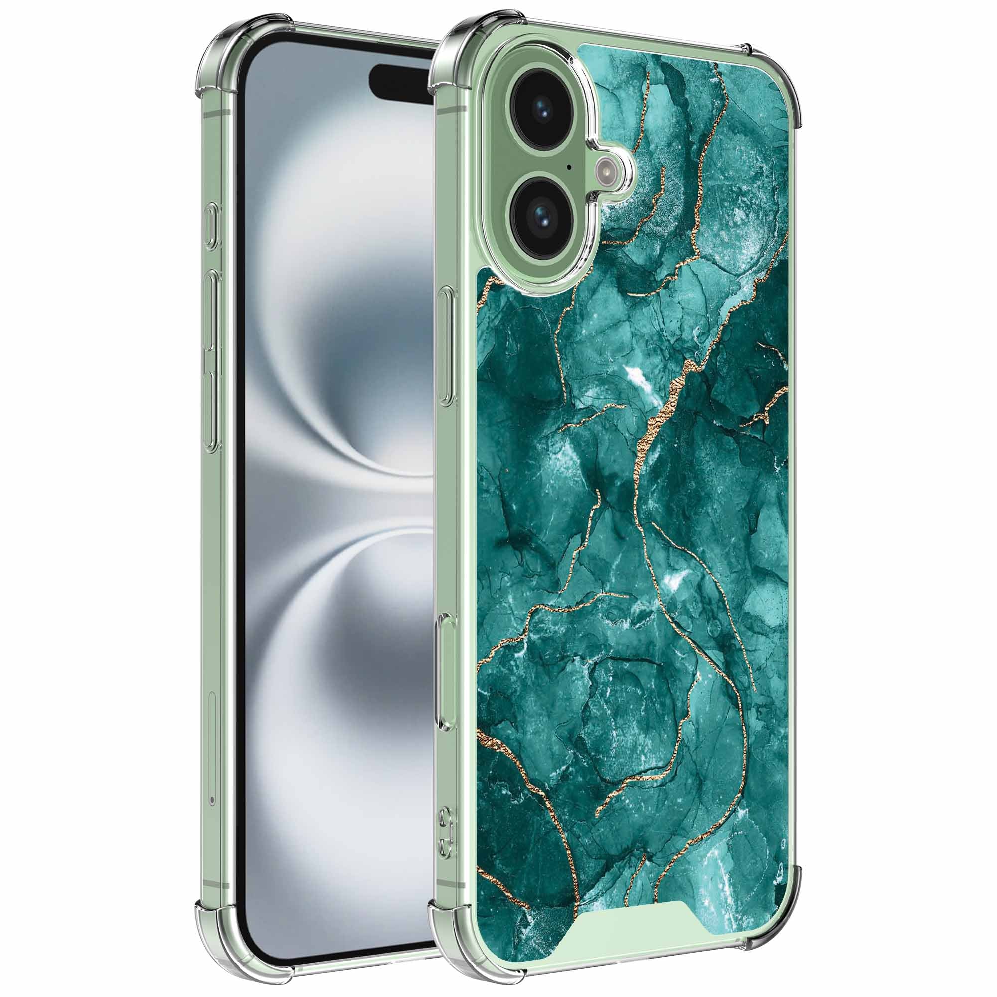 Geschikt voor iPhone 16 Plus
  Telefoonhoesje met Groen Goud Marmer opdruk - Draadloos op te laden -
  Shockproof Siliconen TPU Strong Case - Sterk Schokbestendig Telefoonhoesje
