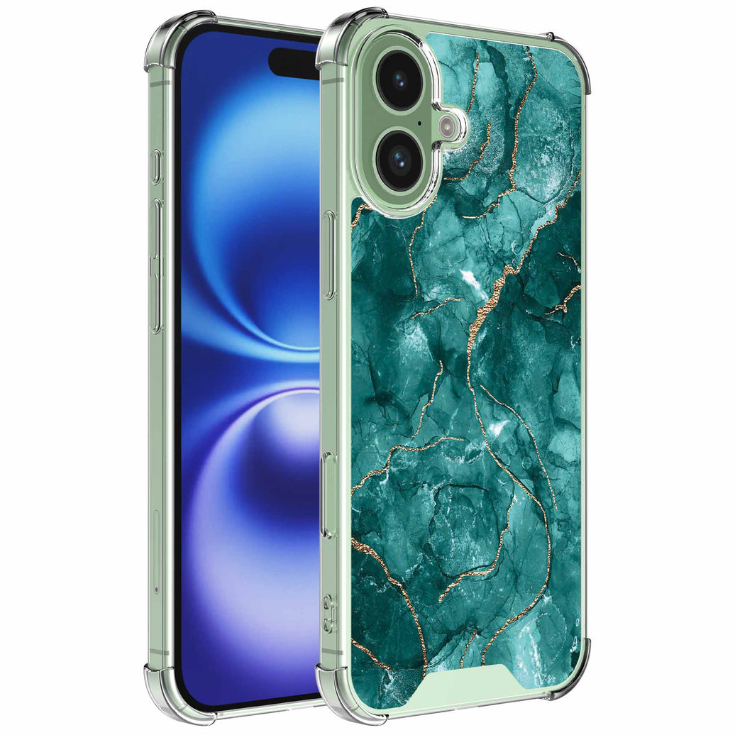 Geschikt voor iPhone 16 Telefoonhoesje
  met Groen Goud Marmer opdruk - Draadloos op te laden - Shockproof Siliconen
  TPU Strong Case - Sterk Schokbestendig Telefoonhoesje