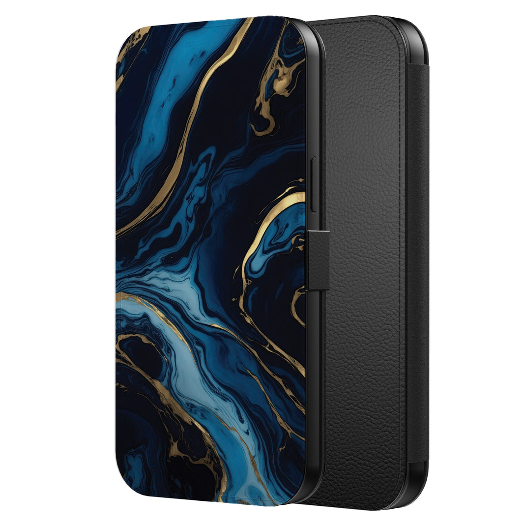 Telefoonhoesje Geschikt voor
  iPhone 15 Pro Kunstleren Bookcase Hoesje met Magnetisch Lipje en Pasjeshouder
  met Goud Blauw Marmer Opdruk