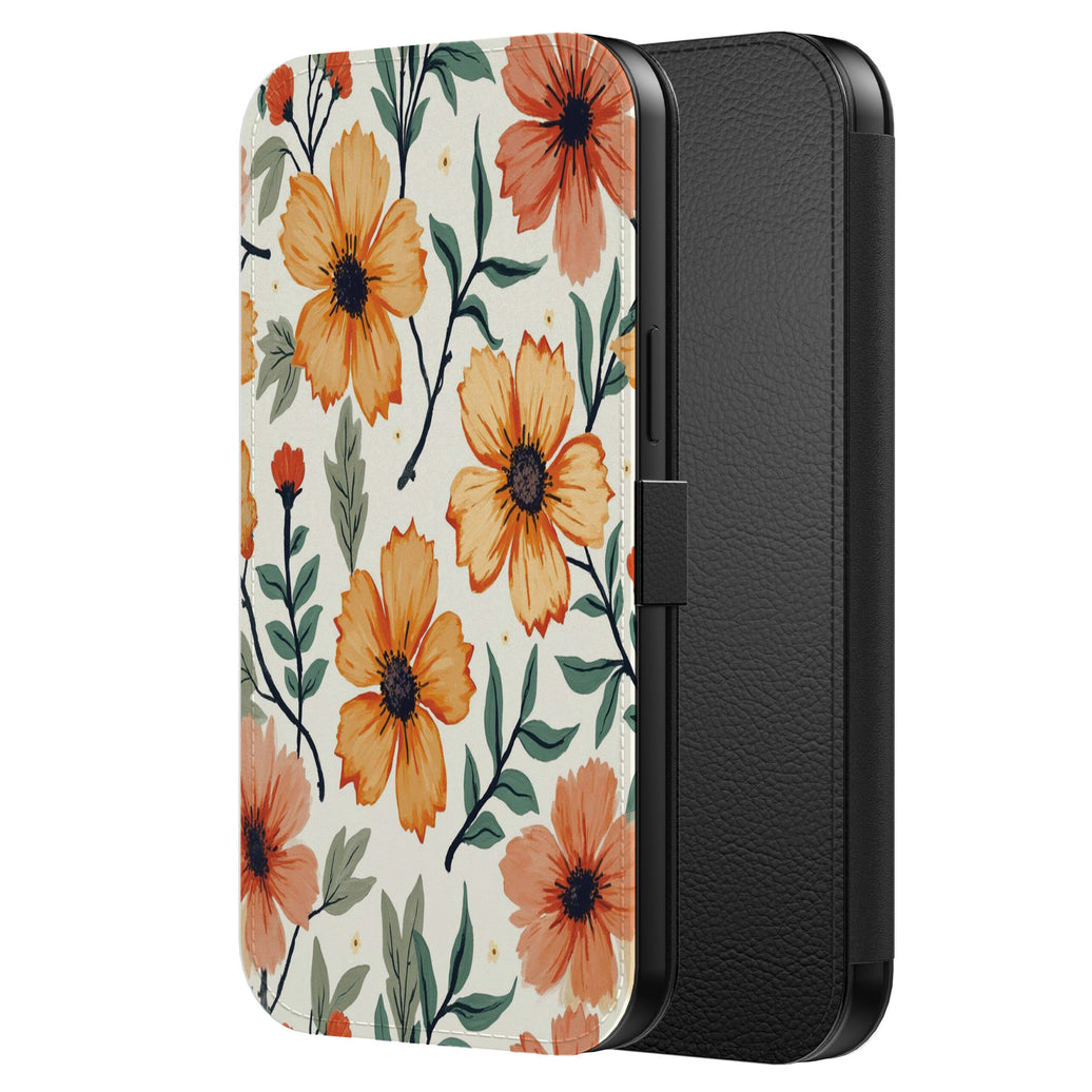Telefoonhoesje Geschikt voor
  iPhone 16 Pro Kunstleren Bookcase Hoesje met Magnetisch Lipje en Pasjeshouder
  met Oranje en Rode Bloemen Opdruk