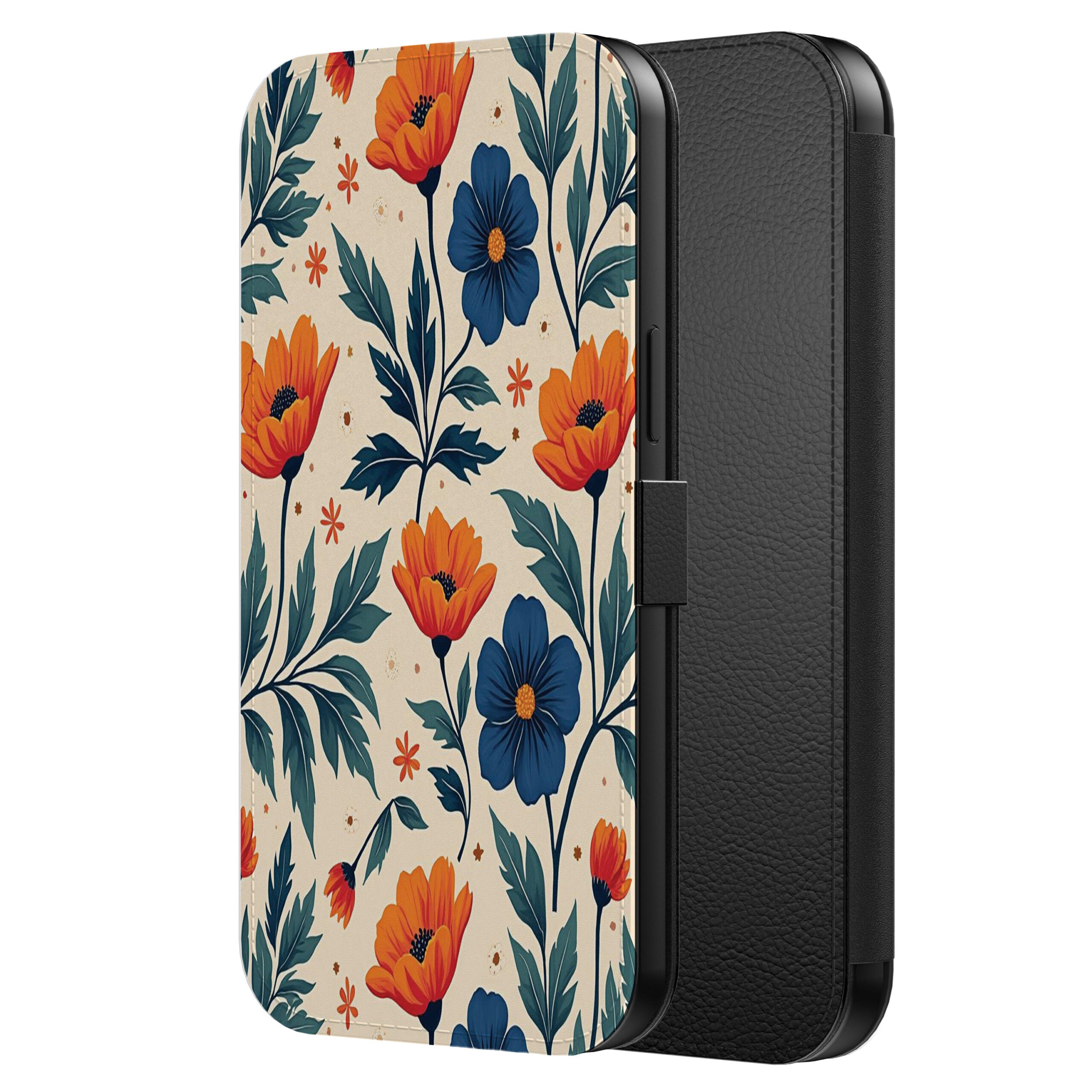 Telefoonhoesje
  Geschikt voor iPhone 16 Kunstleren Bookcase Hoesje met Magnetisch Lipje en
  Pasjeshouder met Blauwe en Rode Bloemen Opdruk