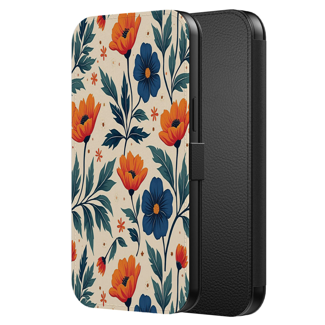 Telefoonhoesje
  Geschikt voor iPhone 16 Kunstleren Bookcase Hoesje met Magnetisch Lipje en
  Pasjeshouder met Blauwe en Rode Bloemen Opdruk