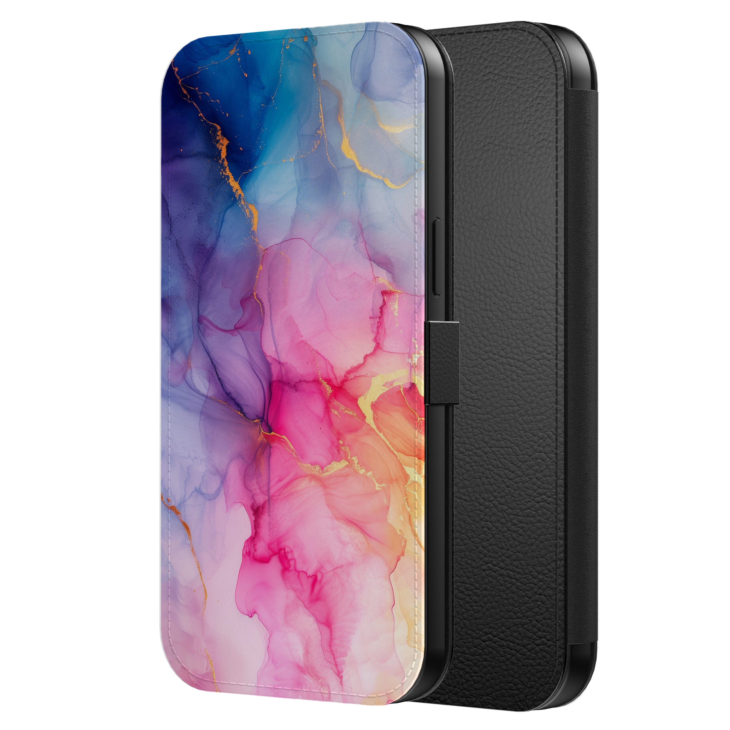 Telefoonhoesje Geschikt voor
  iPhone 16 Kunstleren Bookcase Hoesje met Magnetisch Lipje en Pasjeshouder met
  Regenboog Marmer Opdruk